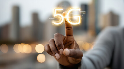 Business hand touching virtual 5G network symbol faceless, glowing cityscape background, technology innovation concept, defocused city, with copy space