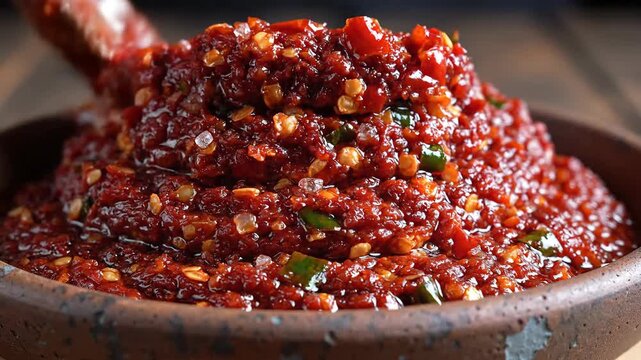 A vibrant and intensely flavorful closeup of a homemade spicy red chili paste rich in texture with visible flakes and seeds being scooped from a rustic earthenware bowl perfect for adding a fiery kic.