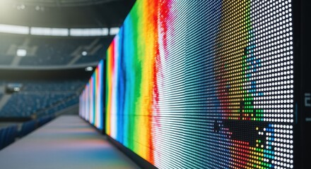 Bright multicolored LED stadium display boards illuminated during extended burnin testing highlighting the intricate pixel arrangement and brightness levels.