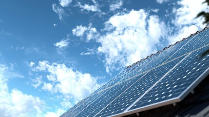 Solar Panels on Rooftop Under Blue Sky with Fluffy Clouds in Sunny Day