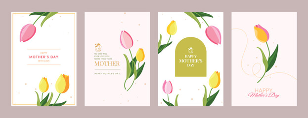 Set of four vertical Mother's Day cards with pink and yellow tulips, elegant gold accents, and inspirational quotes on a light cream background.