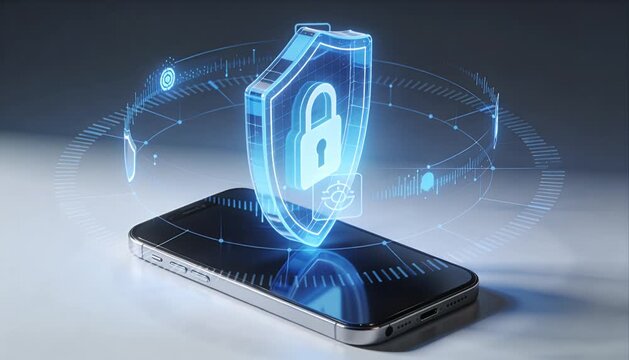 Smartphone table hologram digital shield with lock icon showing data security and cyber security concept with network protection and data privacy encryption and internet safety background mobile