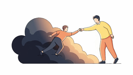 Man assisting another man climbing through a dark cloud, representing support and guidance through challenging situations, vector illustration, people, cloudy environment, side viewpoint