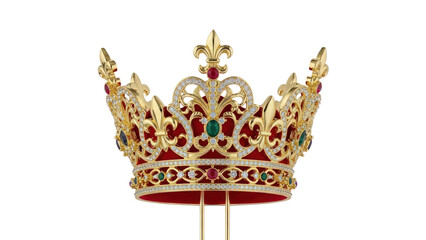 Royal gold crown with gemstones isolated on transparent background