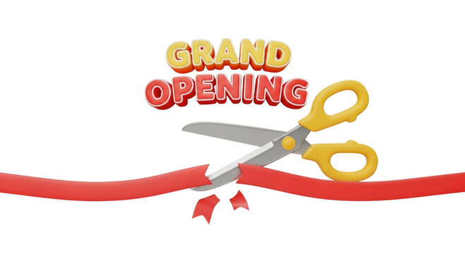 3d grand opening scissors cutting red ribbon transparent background cutout png