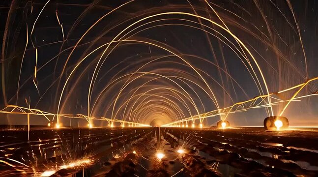 A center-pivot irrigation system creates a mesmerizing tunnel of glowing golden arcs over a wet field at night, resembling a massive light painting