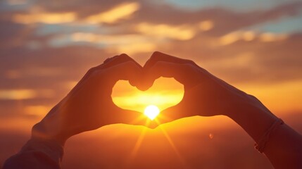 Two hands forming a heart shape frame a vibrant sunset or sunrise sky with warm hues of yellow, orange,