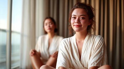 A young woman in a bathrobe sits comfortably by the window, exuding confidence and serenity, reflecting a moment of self-care and relaxation in a cozy environment.