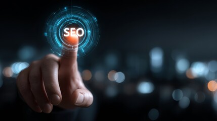 Expert finger presses glowing SEO button on futuristic interface, optimizing digital presence against blurred city lights