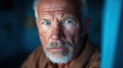 This captivating close-up showcases an older man’s intense gaze, conveying deep emotion and experience, emphasizing the richness of life stories etched on his face.