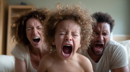 A family captures an intense emotional moment, everyone screaming loudly, showcasing the rawness of emotions and familial bonds in a shared experience of surprise.