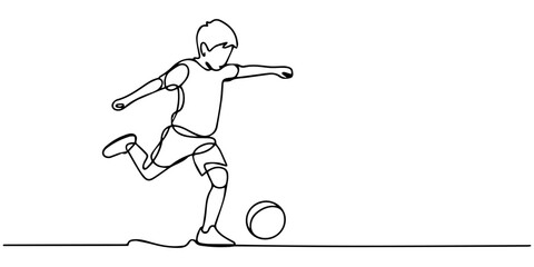 Continuous one line draw of young energetic football attacker kicking ball really hard to the goal, Boy kicking a ball in continuous line art drawing style. Elementary age boy playing football black