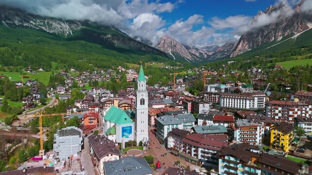 Aerial view of Cortina d'Ampezzo with Basilica, Dolomites, Italy