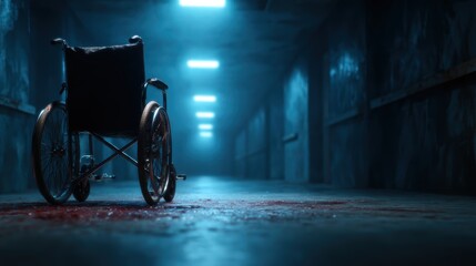 An eerie scene of an empty wheelchair positioned in a dimly lit corridor evokes feelings of mystery and unease, hinting at untold stories and emotions.