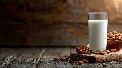 A tall glass of almond milk is elegantly presented alongside raw almonds, conveying a healthy lifestyle choice that resonates with the importance of wellness and nutrition.