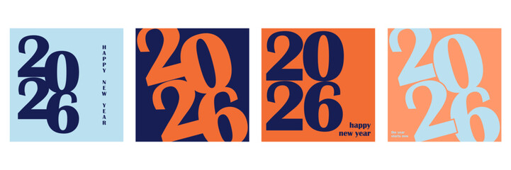 New Year 2026 logo design template set with numbers in blue, orange colors. Elegant minimalist vector illustration for branding, calendar, invitation, greeting card, banner, poster