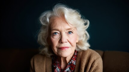 This intimate portrait captures an older woman with striking blue eyes, exuding dignity and wisdom, set against a dark backdrop, celebrating grace and the beauty of aging.