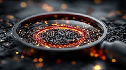Magnifying glass over glowing digital circuitry, revealing intricate data pathways and technological innovation in a futuristic abstract concept