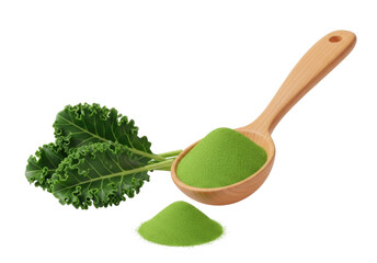 3d kale powder in spoon with leaves transparent background cutout png