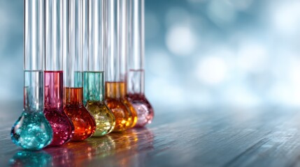 A collection of colorful laboratory flasks filled with liquids, showcasing a vibrant array of hues that highlights the exploration and curiosity of scientific experimentation.
