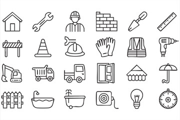 Obraz premium Black and White Construction Equipment Outline Icons Set