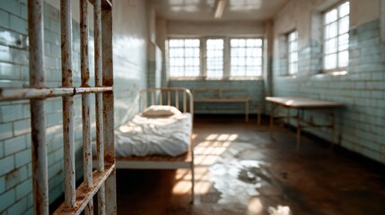 An abandoned hospital room with peeling paint, an old bed, and rusted bars evokes a haunting sense of isolation and decay in an industrial, empty space.