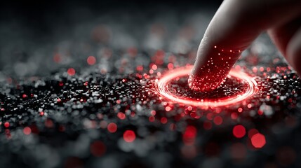 Dynamic finger activates glowing red digital network, symbolizing innovation, connection, and futuristic technology in a vibrant, abstract scene.
