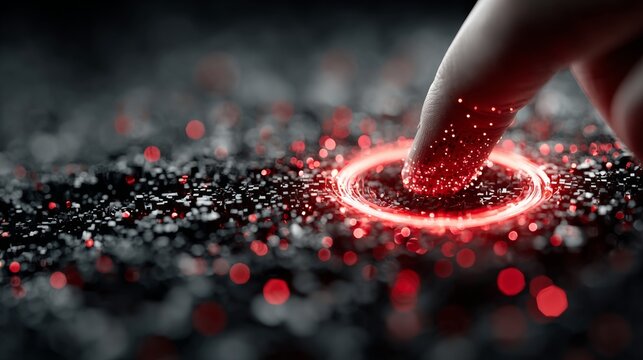 Dynamic finger activates glowing red digital network, symbolizing innovation, connection, and futuristic technology in a vibrant, abstract scene. - Powered by Adobe