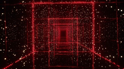 A geometric, tunnel-like perspective comprised of red squares and scattered yellow dots. Dark background suggests depth