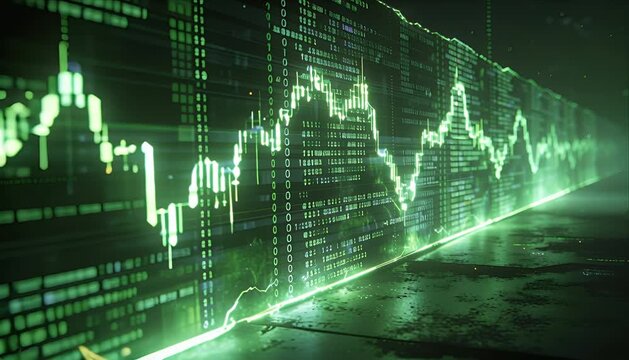 Glowing digital wall green binary code stock market chart financial data neon technology trading background cyberpunk aesthetic investment graph futuristic finance data visualization futuristic data