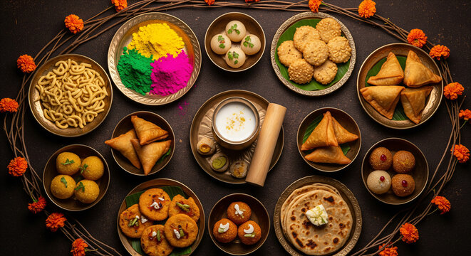 holi festival food with colours, indian festival holi, samosa, kachori, laddu, gujiya, palash flower, thandai, farsan, chana masala, puran poli or roti, indian festival of colours called ... See More
