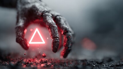 Terrifying robotic hand emerges from darkness, grasping a glowing red triangle symbol, symbolizing danger and technological threat.