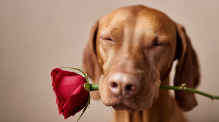 red-haired vizsla dog with eyes closed holds a red rose in his mouth on beige background,