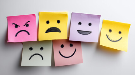 High-key commercial stock photo of five pastel sticky notes arranged in a straight horizontal row on a clean, almost white neutral background, each note featuring a unique facial e