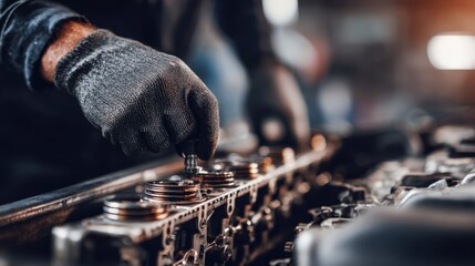 Close medium shot of a mechanic examining engine belts main subject clear against a softly blurred workshop environment showcasing routine vehicle health assessment.