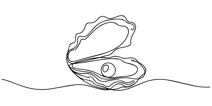 one line illustration of a pearl in a shell, Continuous one line drawing of open oyster shell with pearl. Seashell symbol and banner of beauty spa and wellness salon in simple linear style, Continuous