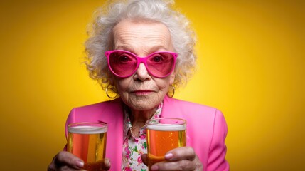 An elegant older woman in pink sunglasses joyfully holds two glasses of beer, representing a celebration of life and the vibrant spirit of aging gracefully.