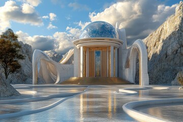 Stunning futuristic temple surrounded by mountains and water under a blue sky with clouds
