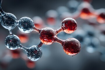 Microscopic view of a molecular structure showing red and blue atoms connected by bonds against a scientific research background blur.