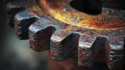 Close-up macro of a decaying mechanical gear, exhibiting heavy rust and oxidation on its metal surface. Detailed texture