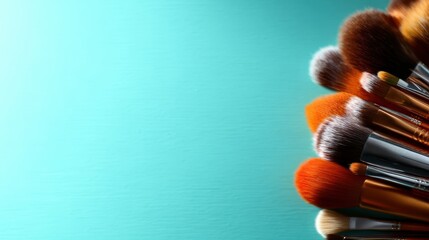 A colorful arrangement of makeup brushes with various bristle types showcases the artistry and precision required in beauty routines against a calming blue backdrop.