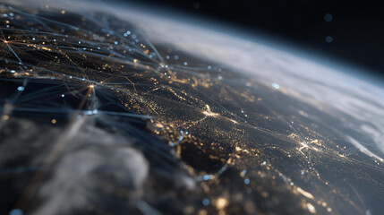 Satellite close-up with glowing data streams overlaid, representing real-time satellite data, analytics, and global information networks. cinematic color correction, natural uneven lighting yet