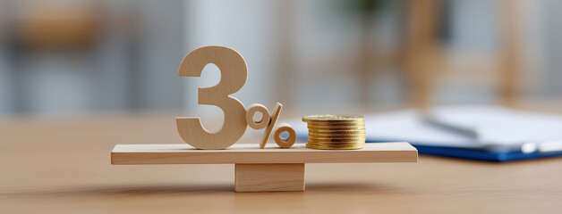 Wooden percentage figure balances beside coin stack symbolizing moderate savings growth.
