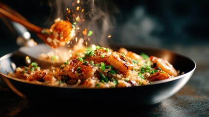 An enticing stir-fry of shrimp and rice with colorful garnishes burst from the pan, highlighting the lively cooking process that excites food lovers and culinary enthusiasts.