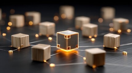 Close-up view of multiple wooden cubes interconnected by a network of glowing lines on a dark, textured surface, creating a futuristic effect