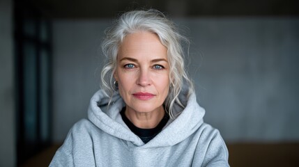 A striking close-up of a mature woman with silver hair and intense blue eyes, showcasing confidence and beauty that transcends age, captured in a serene indoor setting.