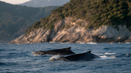 Fototapeta premium Whales surfacing near coastal waters during breeding season, capturing marine seasonal migration influenced by ocean temperature and food availability. cinematic color correction, natural uneven