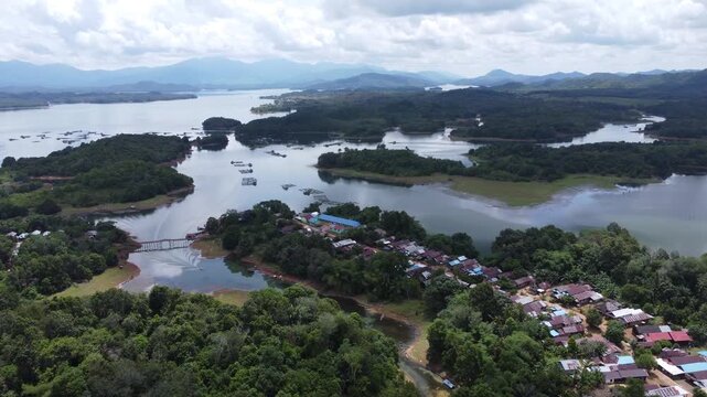 Aerial view of the beautiful waters of the Riam Kanan reservoir via Bunglai, Aranio sub-district, Banjarbaru, Banjarbaru tourist spot