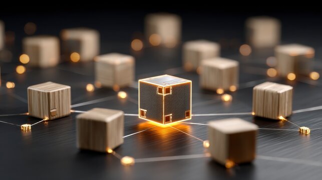 Close-up view of multiple wooden cubes interconnected by a network of glowing lines on a dark, textured surface, creating a futuristic effect