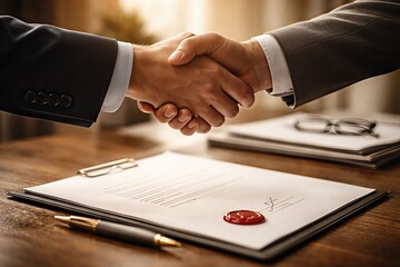 Successful business agreement reached through firm handshake conveying trust and collaboration with signed contract documents in a professional office environment